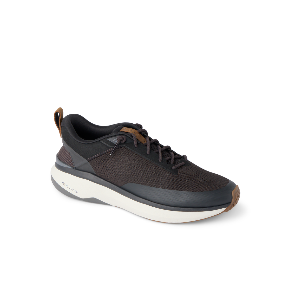 Reef Zuma black athletic sneaker facing right with breathable knit upper and cushioned sole