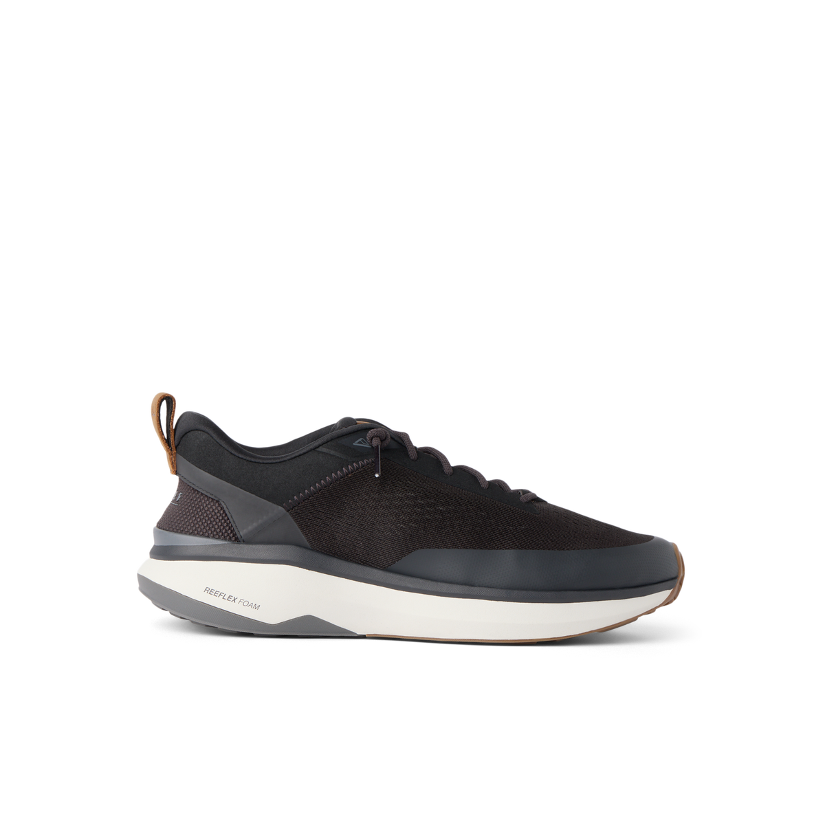 Reef Zuma black knit sneaker facing right with cushioned sole and flexible heel for everyday comfort