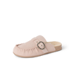 Vista Siena pink suede clog facing left, side view with buckle and open heel