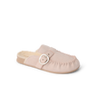 Vista Siena pink suede clog mule facing right in side view with soft lining and buckle detail