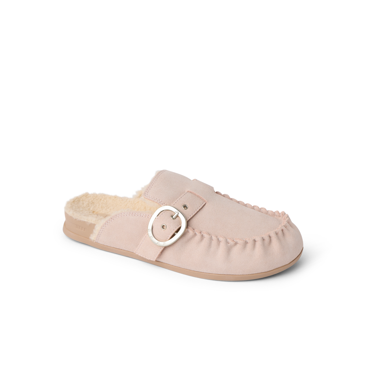 Vista Siena pink suede clog mule facing right in side view with soft lining and buckle detail