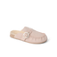 Vista Siena pink suede clog mule facing right in side view with soft lining and buckle detail