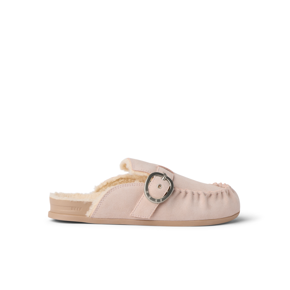Vista Siena pink suede clog facing left with buckle strap and cushioned footbed