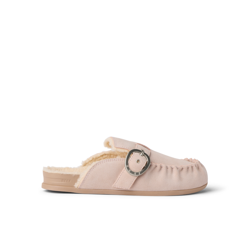Vista Siena pink suede clog facing left with buckle strap and cushioned footbed