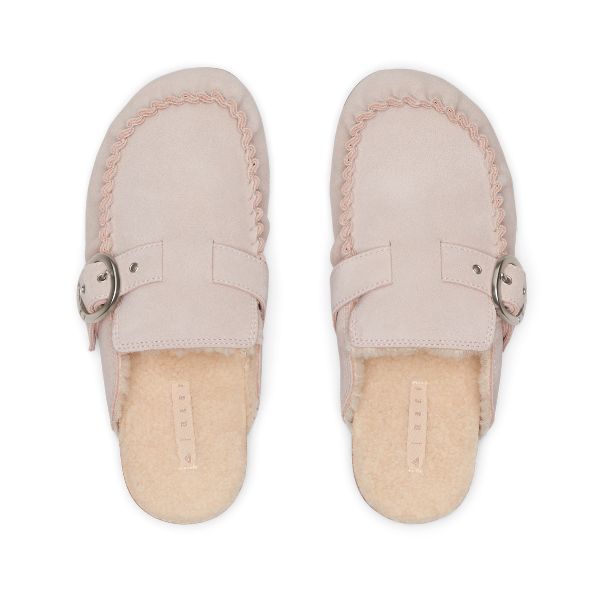 Vista Siena pink suede clogs shown from above with toes facing upward and plush fleece footbeds