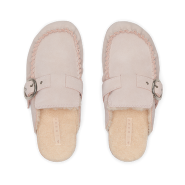 Vista Siena pink suede clogs shown from above with toes facing upward and plush fleece footbeds