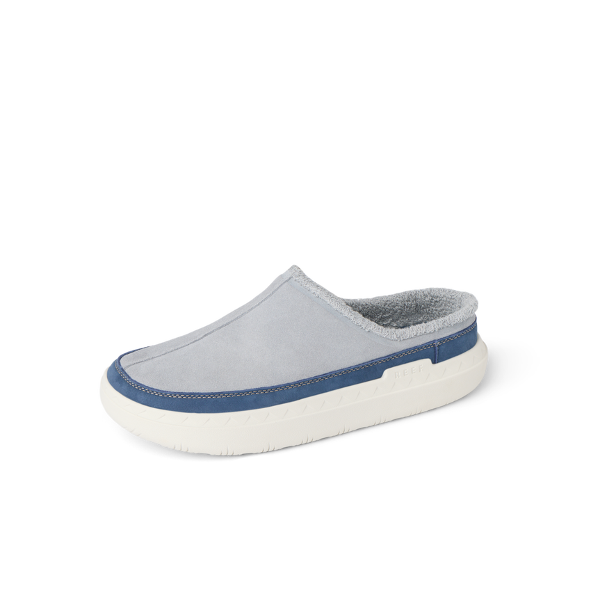 Rambler Mule grey slip on shoe facing left with soft terry lining and cushioned footbed
