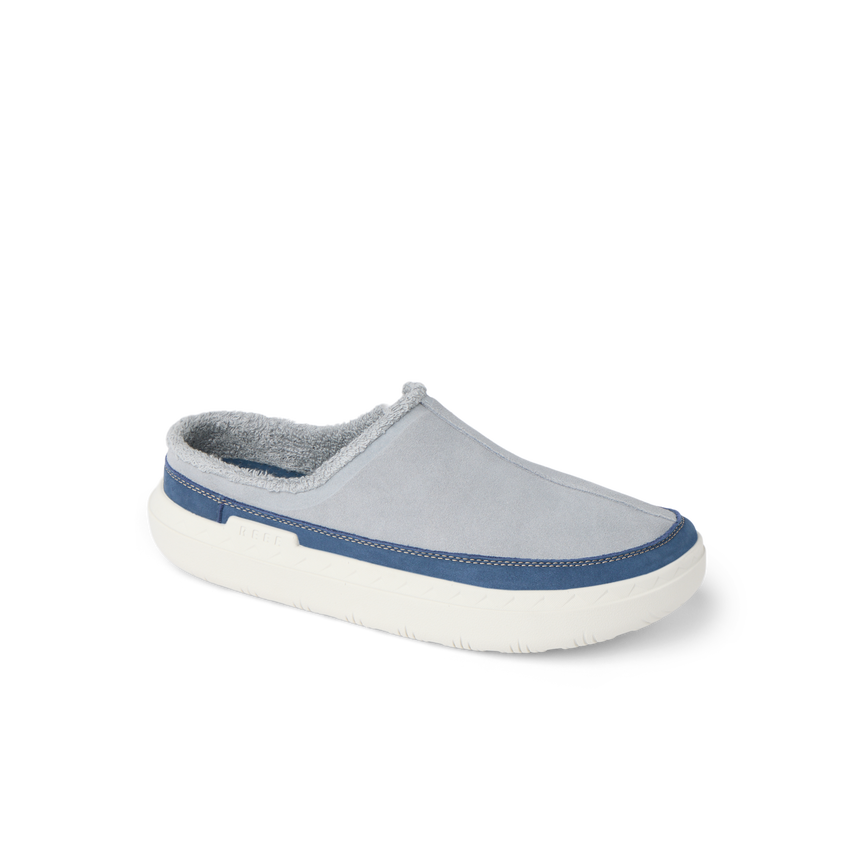 Rambler Mule in grey, facing right, with soft terry lining and cushioned footbed for everyday comfort
