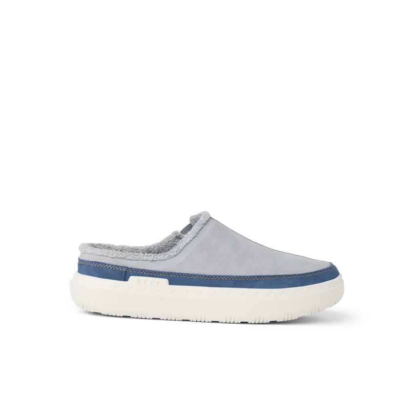 Rambler Mule grey comfort shoe shown in side profile facing right with plush lining and cushioned sole