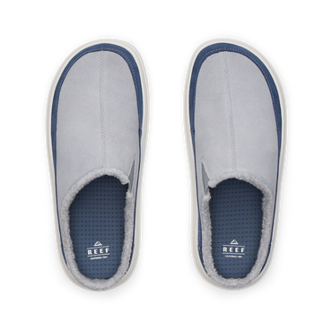 Rambler Mule gray mules facing upward, showing soft terry lining and cushioned footbeds from above
