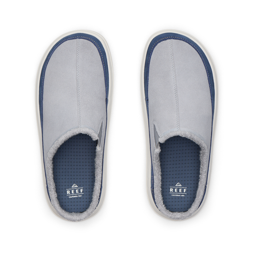 Rambler Mule gray mules facing upward, showing soft terry lining and cushioned footbeds from above