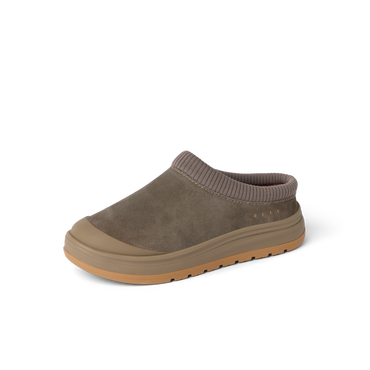 Campfire Lodge brown suede clog facing left with plush cushioning and soft plaid lining for everyday comfort