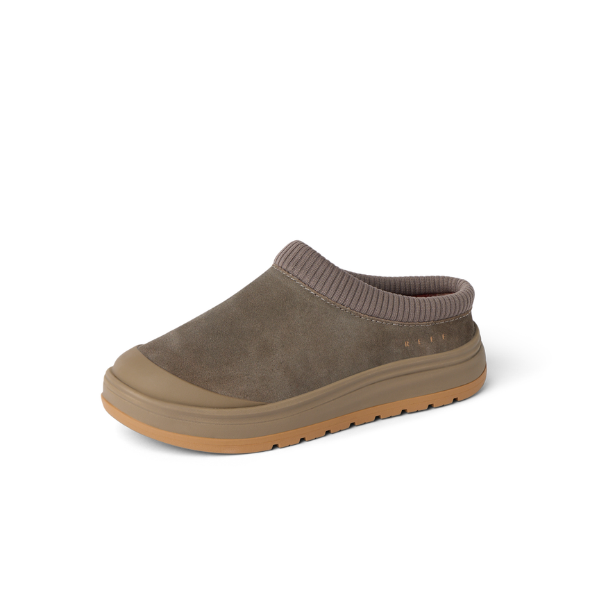 Campfire Lodge brown suede clog facing left with plush cushioning and soft plaid lining for everyday comfort
