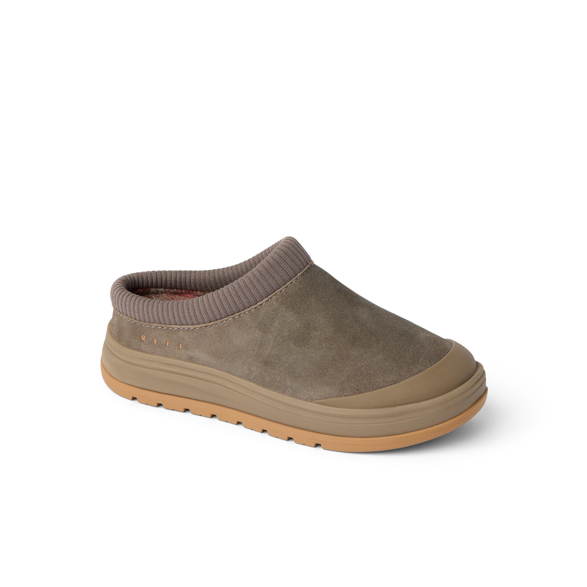 Campfire Lodge suede clog facing right with plush cushioning and soft plaid lining