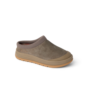 Campfire Lodge suede clog facing right with plush cushioning and soft plaid lining
