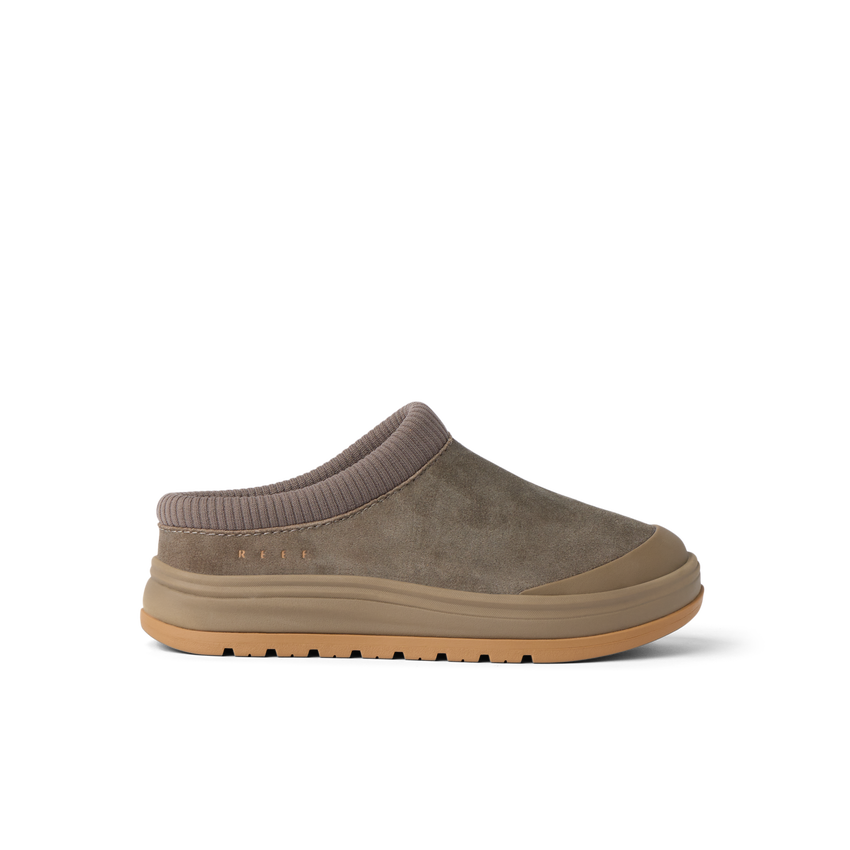 Campfire Lodge clog facing right, showing its side profile with a suede upper and cushioned sole