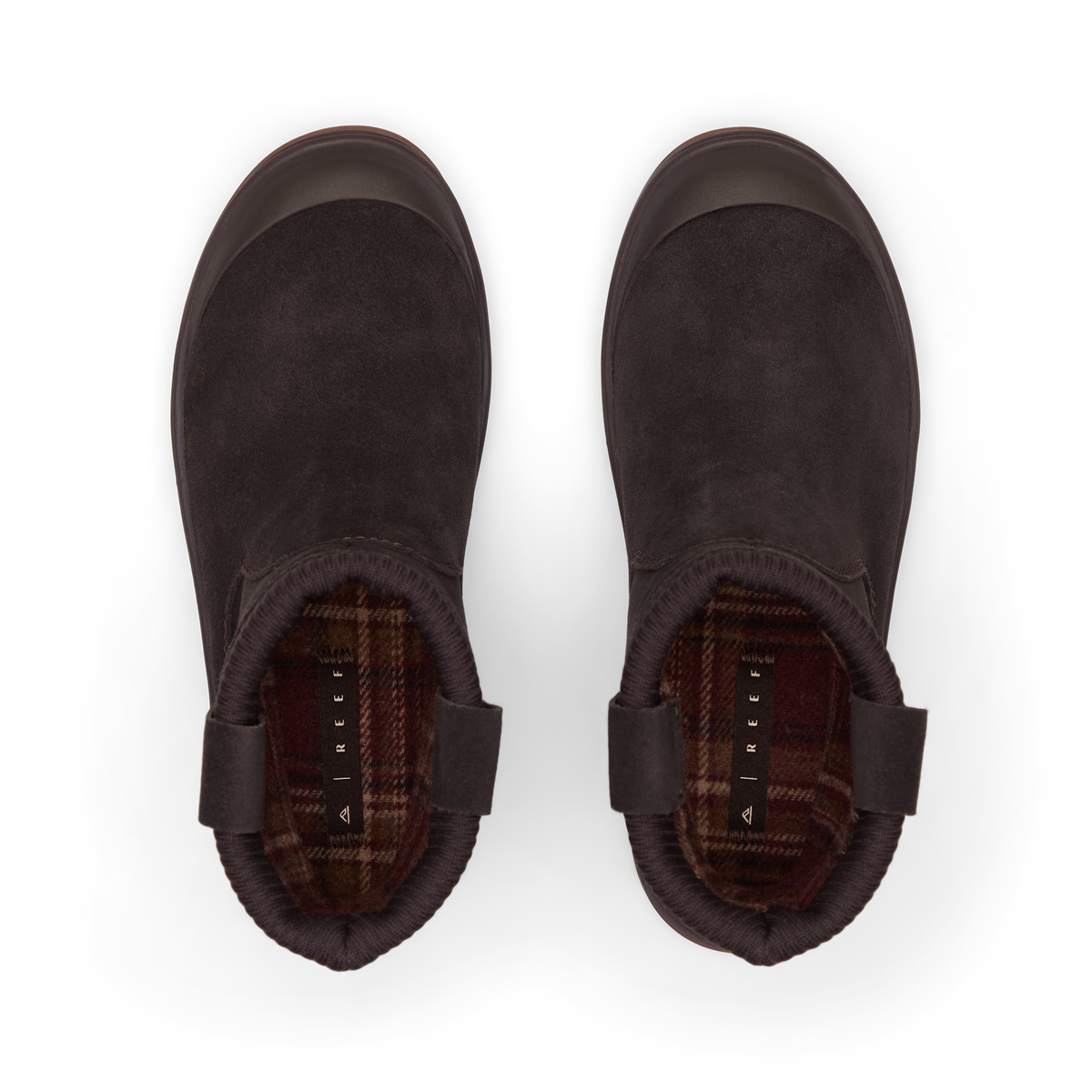 Campfire Ember brown clogs facing forward, shown from above with cushioned footbeds for everyday comfort