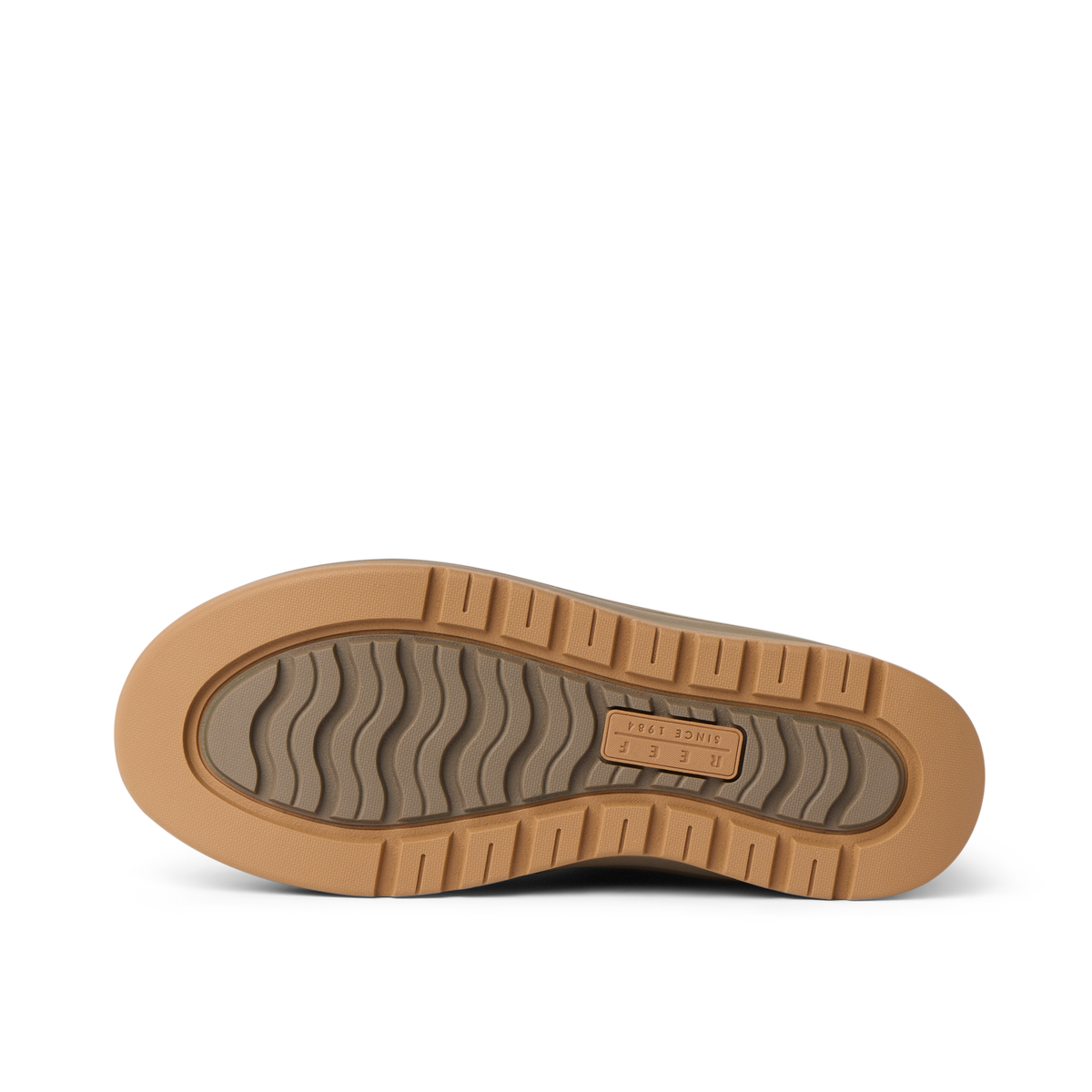 Campfire Ember close up outsole facing left with rugged tread and anatomical arch support viewed from below