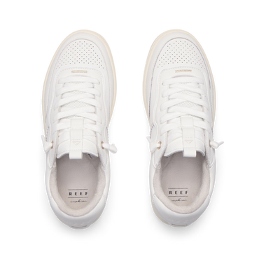 REEF Kickback white sneakers viewed from above facing forward with cushioned footbeds for everyday comfort