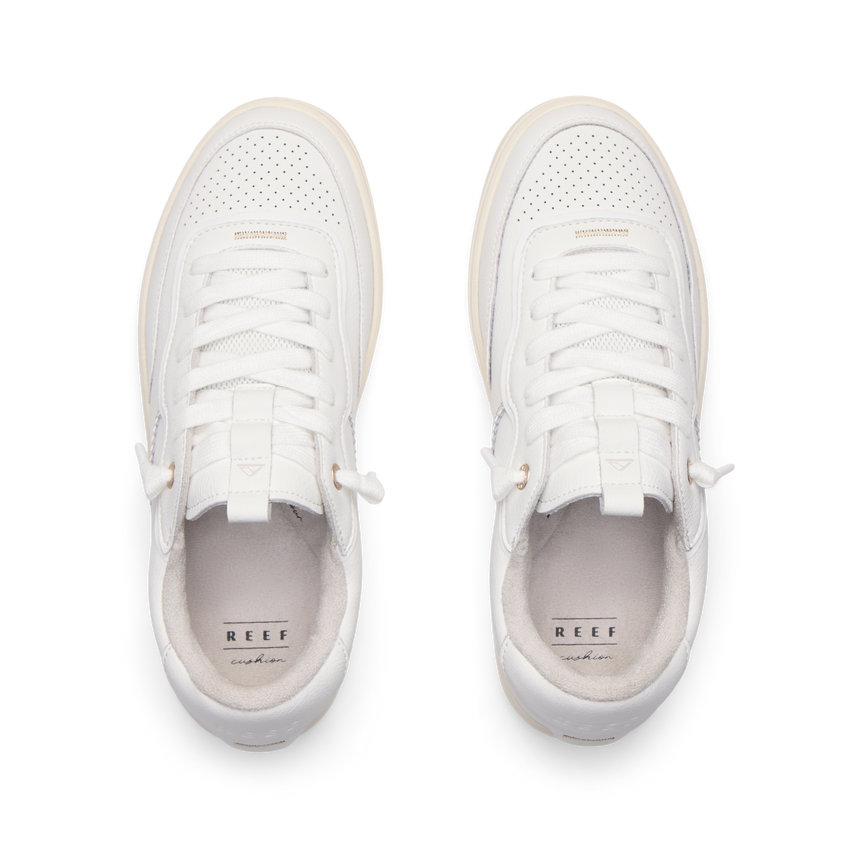 REEF Kickback white sneakers viewed from above facing forward with cushioned footbeds for everyday comfort