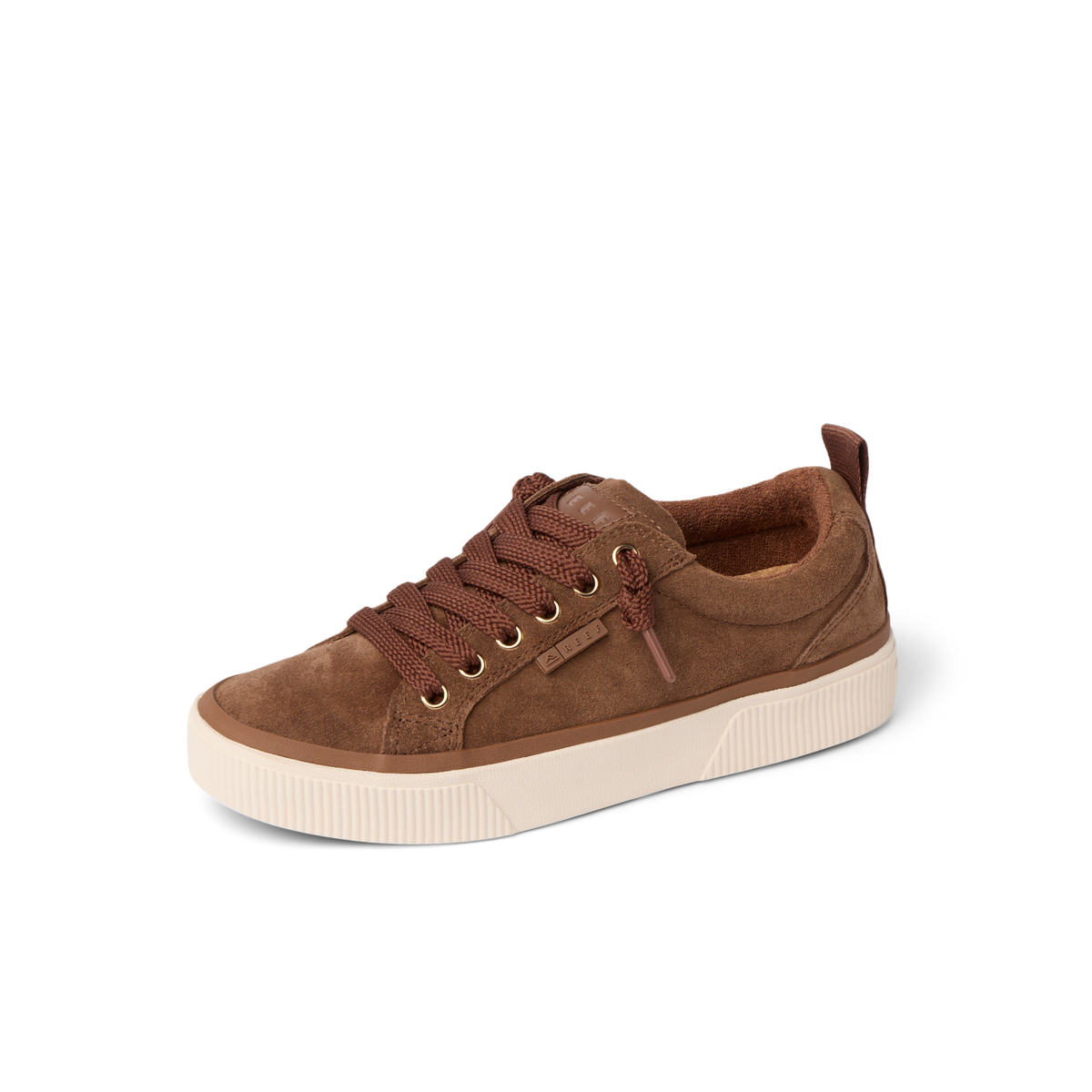 Brown suede Lay Day Dawn sneaker facing left with cushioned sole, arch support, and lace-up front for comfort and durability.