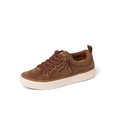 Brown suede Lay Day Dawn sneaker facing left with cushioned sole, arch support, and lace-up front for comfort and durability.