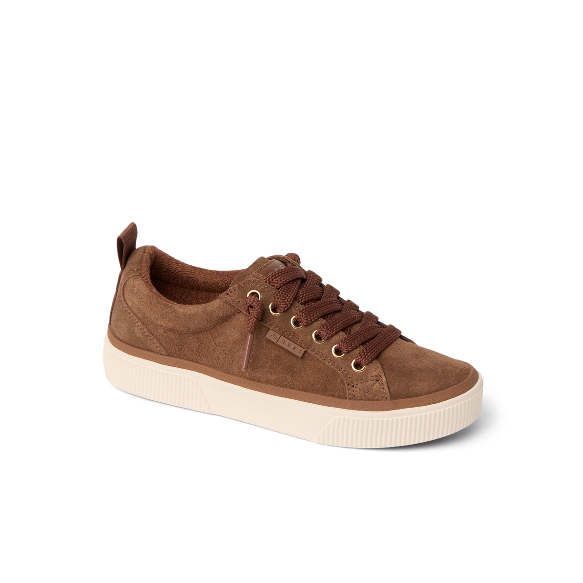 Lay Day Dawn sneaker facing right, brown suede with cushioned sole, designed for comfort and arch support in casual wear.