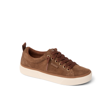 Lay Day Dawn sneaker facing right, brown suede with cushioned sole, designed for comfort and arch support in casual wear.