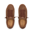 Top view of brown suede Lay Day Dawn sneakers with lace-up front and cork memory foam insoles for comfort.