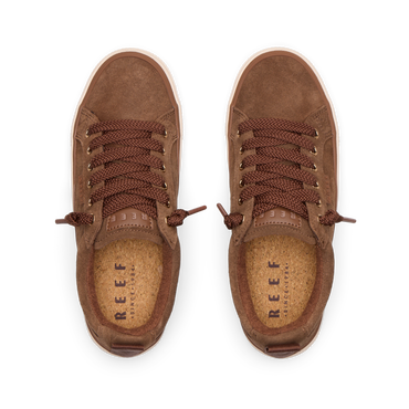 Top view of brown suede Lay Day Dawn sneakers with lace-up front and cork memory foam insoles for comfort.