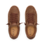 Top view of brown suede Lay Day Dawn sneakers with lace-up front and cork memory foam insoles for comfort.