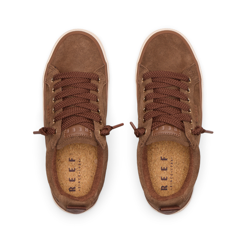 Top view of brown suede Lay Day Dawn sneakers with lace-up front and cork memory foam insoles for comfort.