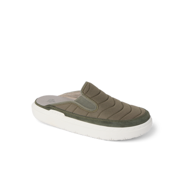 Rambler Kicker mule facing right in olive with cushioned memory foam footbed and lightweight white EVA sole for daily comfort