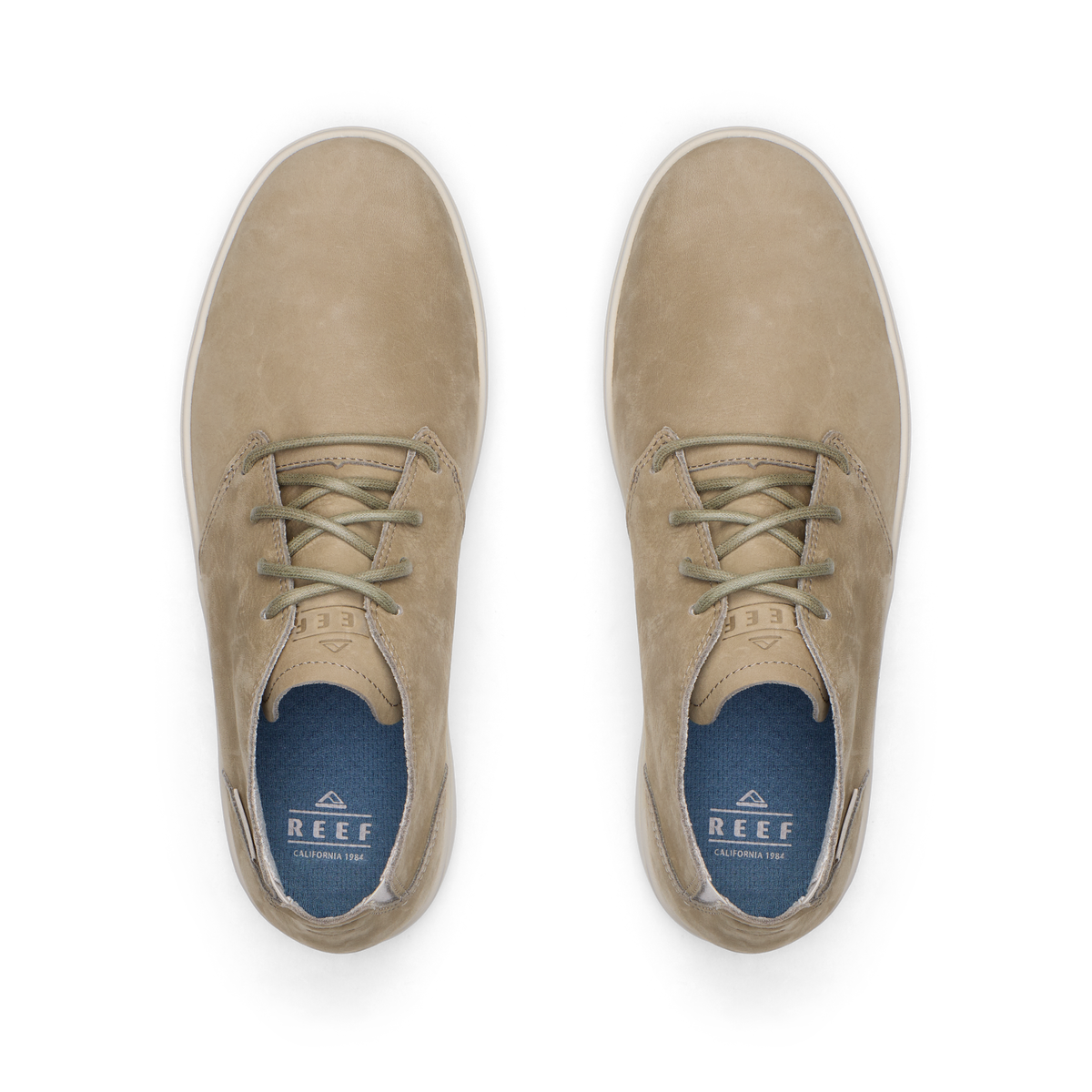 Del Mar Desert leather and suede shoes viewed from above, toes facing upward with cushioned footbeds