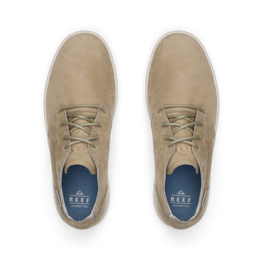 Del Mar Desert leather and suede shoes viewed from above, toes facing upward with cushioned footbeds