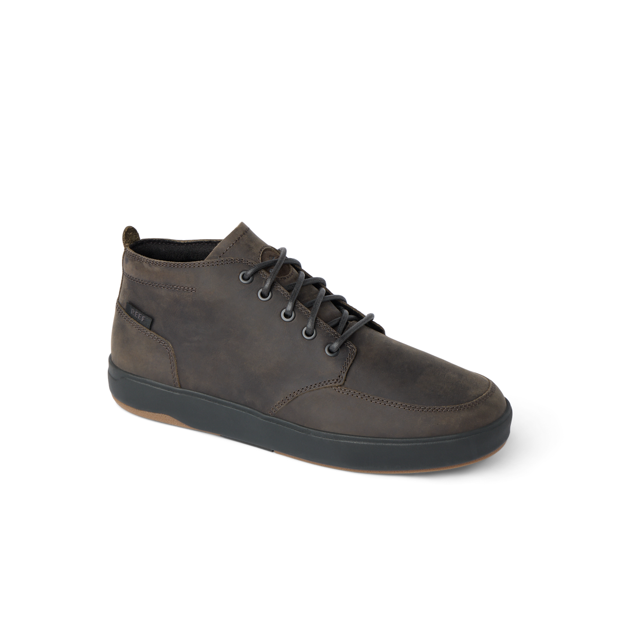 Laguna Spiniker brown waterproof leather mid-boot facing right with lace-up front and soft cushioning, durable and beach-inspired.