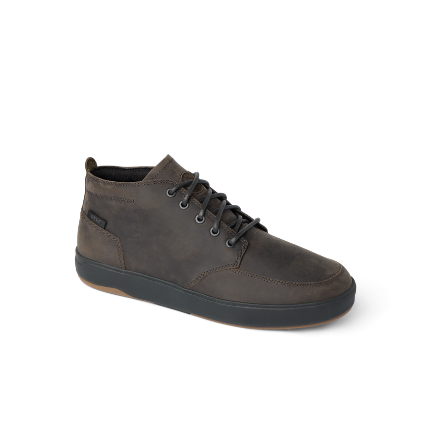 Laguna Spiniker brown waterproof leather mid-boot facing right with lace-up front and soft cushioning, durable and beach-inspired.