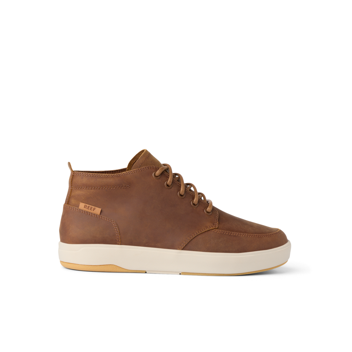 Laguna Spiniker side view of brown waterproof leather mid-boot with cushioned sole, surf-inspired comfort, and durable design