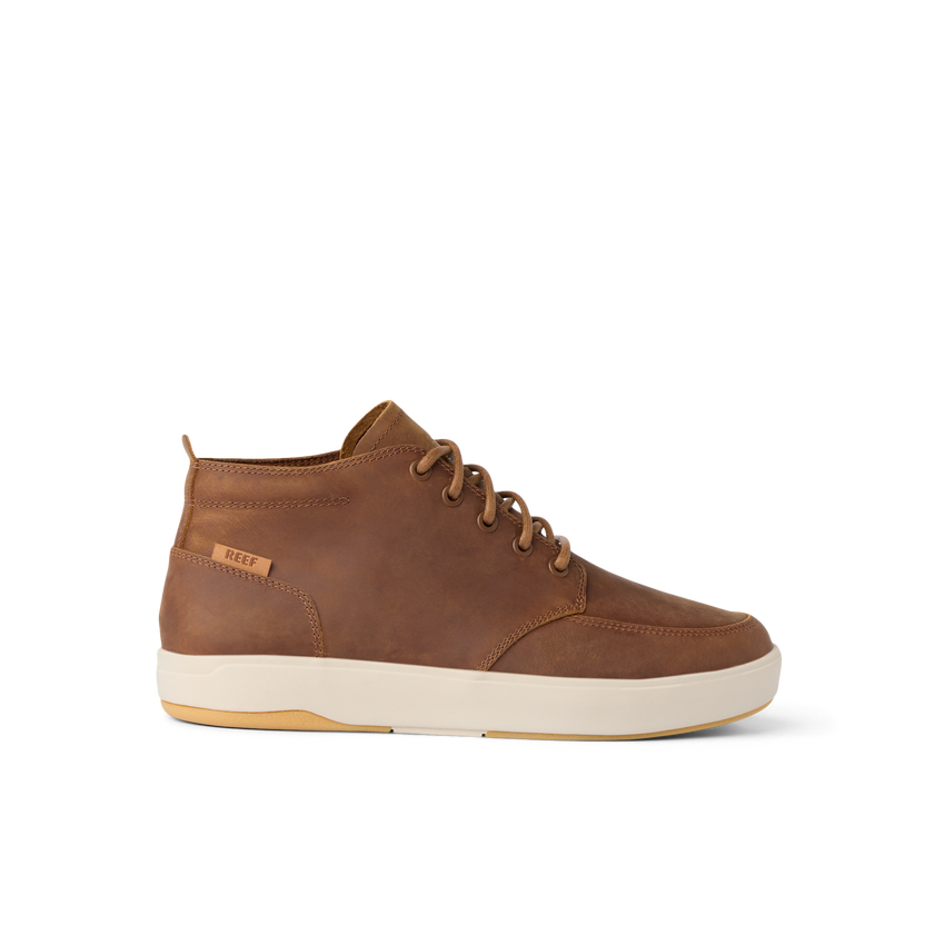 Laguna Spiniker side view of brown waterproof leather mid-boot with cushioned sole, surf-inspired comfort, and durable design