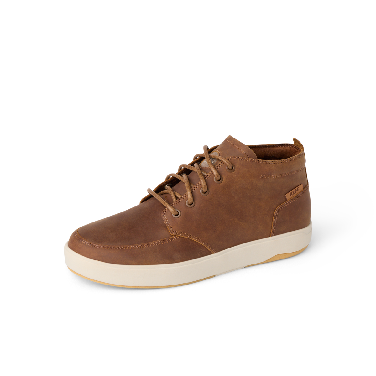Laguna Spiniker brown waterproof leather mid-boot facing right with cushioned sole and arch support, surf-inspired comfort.