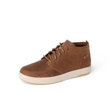 Laguna Spiniker brown waterproof leather mid-boot facing right with cushioned sole and arch support, surf-inspired comfort.