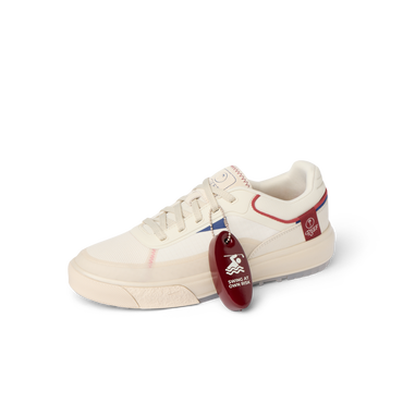 Side view of Palm X G-Papi sneaker in cream with red accents, featuring comfort cushioning and durable design for beach use.