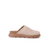 Vista Luxe Mariana facing right, women's light taupe suede clog with closed toe and cushioned arch support for all-day comfort