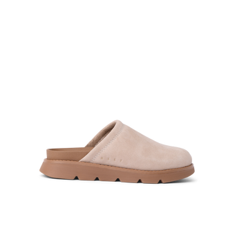Vista Luxe Mariana facing right, women's light taupe suede clog with closed toe and cushioned arch support for all-day comfort