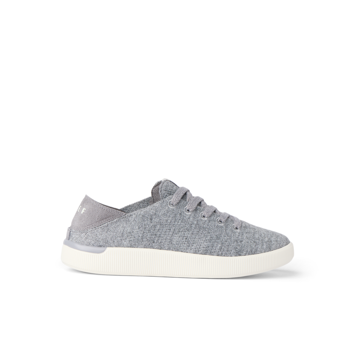 Reef Neptune gray knit sneaker facing right with cushioned sole and collapsible heel