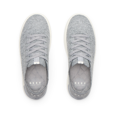 Reef Neptune gray knit shoes, toes facing upward, shown from above with cushioned footbeds and collapsible heels