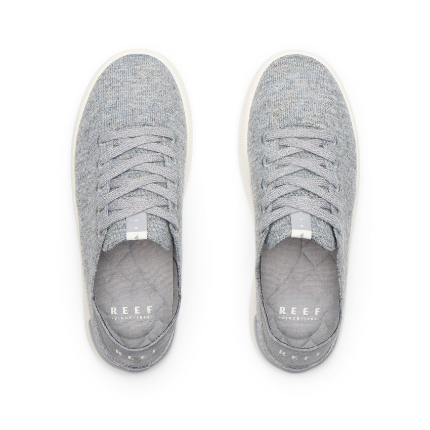 Reef Neptune gray knit shoes, toes facing upward, shown from above with cushioned footbeds and collapsible heels