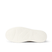 White footwear sole viewed from below, facing left, with textured traction grooves and a cushioned footbed pattern