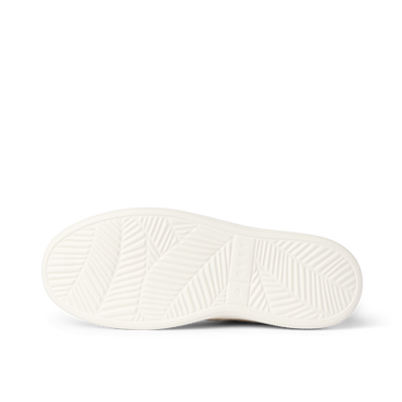 White footwear sole viewed from below, facing left, with textured traction grooves and a cushioned footbed pattern