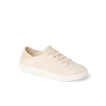Cream lace up sneaker facing right in side view with a textured upper and cushioned sole